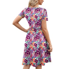 Pockets Dress for Womens Vintage 50s Summer Casual Office Professional Elegant Work Knee Length Floral Print Aline Fit and Flare Dresses 262 Purple Blue M
