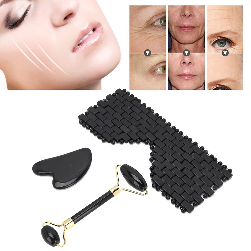 3pcs Obsidian Facial Roller Gua Sha Board Therapy Blindfold Beauty