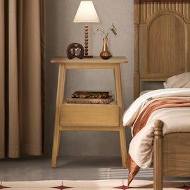 JIKUGO Nightstand with Drawers and Storage Shelf for Bedroom Bedside Tables Small Night Stands Bed Side Table, Bamboo Color