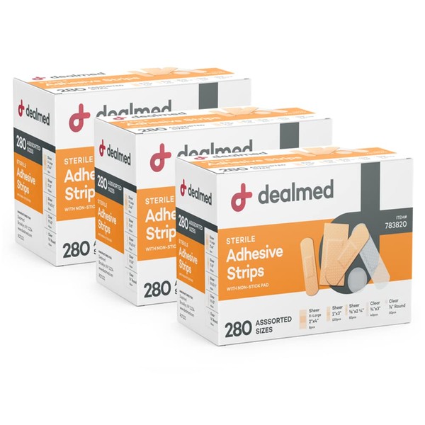 Dealmed Adhesive Bandage Assorted Variety Pack (840 Count) Sterile Breathable First Aid Strips with Non-Stick Pad for Wound Care, 280/Box (3 Pack)
