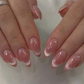 24 Pcs Blush Press on Nails Short Almond Nail Tips,YEFIUO Cat's Eye Acrylic Nail Kit Glitter Fake Nails Press ons Glue on Nails Full Cover Reusable False Nails with Strong Jelly Glue Tool for Ma'am