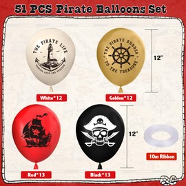 G.C Pack of 50 Pirate Children's Birthday Balloons, Pirate Birthday Decoration, Red Gold Black Beige Balloons with Pirate Ship and Skull Pattern, Pirate Party Decoration Birthday Decoration for