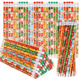 SULOLI 72 Pcs Christmas Pencils with Eraser, Xmas Themed Pencil with Santa Christmas Tree Snowman Elk and Snowflake for Children Christmas Party Supplies(12 Styles)