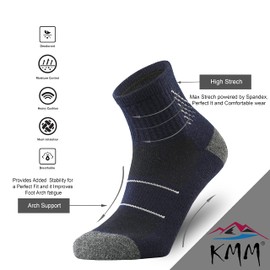 KMM Men's Merino Wool Low Cut Ankle Socks Lightweight Quarter Cushion Anti Blisters Outdoor Hiking Hike Cycling Trail Running(NavyBlue XL)