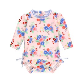 RuffleButts Baby Girls UPF 50+ Sun Protection Floral Printed Long Sleeve One Piece Rash Guard Swimsuit with Zipper - Coastal Breeze Floral, 12-18m