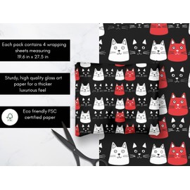 LimaLima 4 x Cat Wrapping Paper Sheets Black White Red Cute Animal Design Goth Gothic Gift Wrap For Women Her