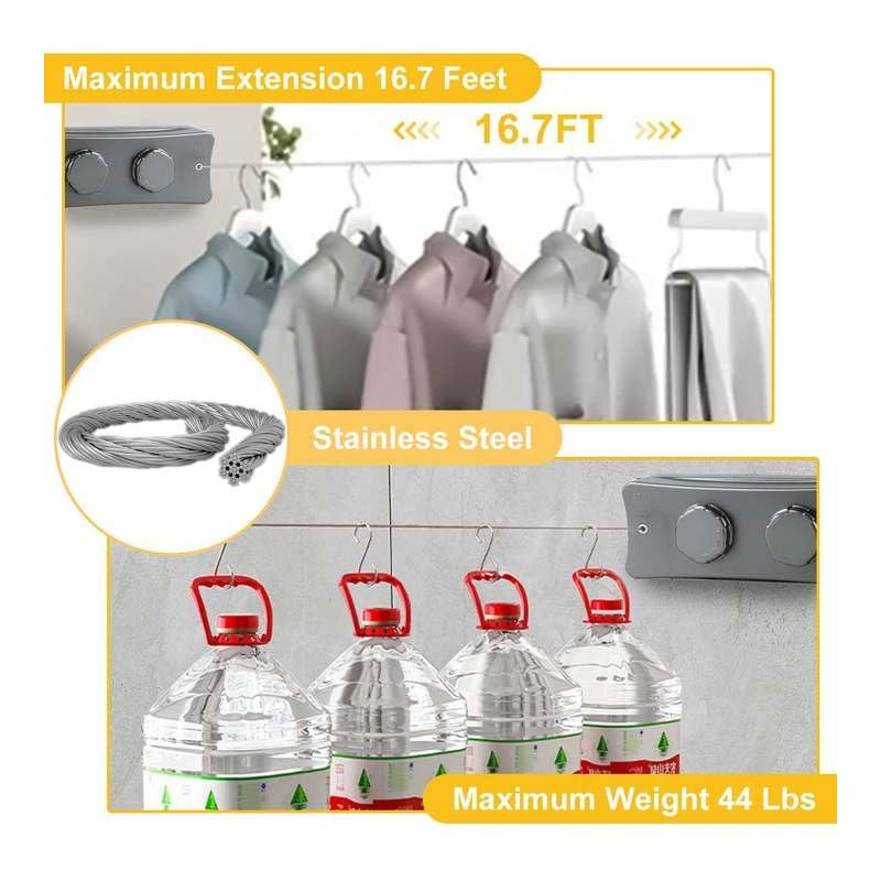 Qivine Clothes Line Extendable Wall, 2 x 5.1 m, Grey,
