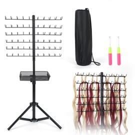Braiding Hair Rack, Height Adjustable Hair Extension Holder hanger, Braiding rack stand for hair, 120 Pegs Hair Racks for Braiders Standing with Carrying Bag
