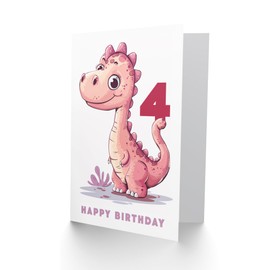 Artery8 4th Birthday Card Cute Pink Baby Dinosaur Cartoon Kids Age 4 Year Old Child For Son Daughter Girl Boy Happy Card