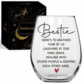 Innfueunun Friends Wine Glass Gifts for Women 15Oz Funny Bestie Cup Here's to Another Year of Us Laughing at Our Own Jokes Glass Birthday Gift Women Day Gifts for Friends Bestie
