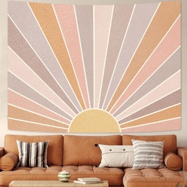 Kanuyee Boho Sun Tapestry Wall Hanging, Retro 70s Abstract Rainbow Aesthetic Sunrise Vintage Tapestries for Bedroom Living Room 60×80 inch