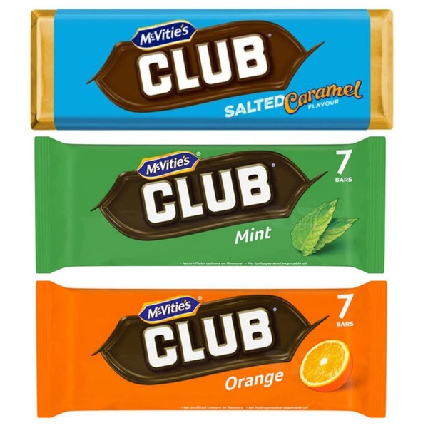 McVitie's Club Biscuits, Salted Caramel (7 Pack), Mint (7 Pack), Orange (7 Pack) - 21 Chocolate Biscuits