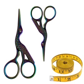 Glamified Glam Embroidery Scissors, Set of 2, Small Crane Sewing, Stainless Steel, Vintage Style, Suitable for Embroidery, Needlework, DIY Crafts (Rainbow, 3.5inch+4.5inch)+Free Measurement Tape