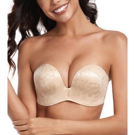 Lemorosy Women's Strapless Bra Push Up Anti-Slip Push Size Support Lift Up Wirefree Bra(Floral Beige,34DD)