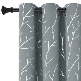 BUHUA Grey Blackout Curtain Panels, Room Darkening Curtains 96 Inches Long Grommet, Thermal Insulated Window Curtains with Silver Tree Branches Print, 38W x 96L, Light Grey, 2 Panels