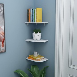 ULTECHNOVO 3pcs Corner Shelf Wall Mount, Fan-Shape, PVC Set of 3 Floating Corner Shelves for Bathroom Living Room Kitchen Bedroom Office (White) - Storage Board 15x15cm