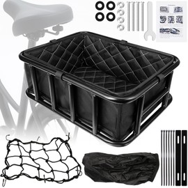 Bike Basket Rear, Bicycle Basket with Removable Liner Bag, Waterproof Cover & Cargo Net, Large Rear Bike Rack, Easy Assembly Bike Basket for Most Bikes and E-Bike, Carrying Pets, Fruit, Groceries
