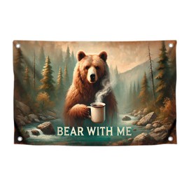 3x5 Ft Funny Polyester Flag "Bear Vith Me" with Four Brass Grommets - College Animals Banners for Teen Boys Girls Men - The Bear Drinks Coffee Banner Wall Decor for Home - Flags for Outdoor or Indoor