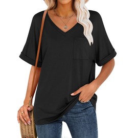 ANRABESS Women T Shirts Oversized Short Sleeve V Neck 2025 Summer Casual Loose Tops Basic Tee Shirts Outfits with Pocket Black X-Large