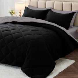 MUXHOMO 7 Pieces Queen Comforter Set, Reversible Bed in a Bag Queen Size, All Season Bedding Set with Comforter, Flat Sheet, Fitted Sheet, Pillowcases & Shams, Black & Soot