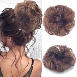 Gairyan Hairpiece with Elastic Band, Bun Hairpiece, Curly Hair Scrunchie with Hair Extensions, Synthetic Ponytail Hairpieces, Messy Bun Hair Bun Updo for Women Girls, Brown & Light Brown