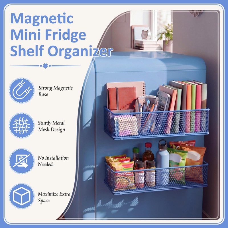 2 Pack Blue Magnetic Fridge Basket, 13.8 x 3.1 x
