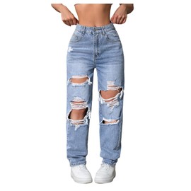 Floerns Women's High Waisted Distressed Jeans Straight Leg Casual Ripped Denim Pants Light Wash Large