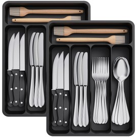 Lifewit Set of 2 Cutlery Trays for Drawers, Cutlery Organiser Drawer Organiser, Kitchen Compact Cutlery Tray, Utensil Holder for Drawer, Made of Plastic, for Spoons, Forks, 5 Compartments, Black