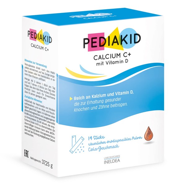 PEDIAKID - CALCIUM C+ mit Vitamin D - Deckt 100% der RDA für Kalzium ab - Knochenerhalt- Geeignet für Kinder mit Laktoseintoleranz oder Milchallergie - 14 Sticks