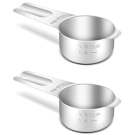BERYLER 2PCS 1/3Cup (80ml, 2.7oz) Single Measuring Cup, Stainless Steel Measure Scoop, Metric and US Measurement, Heavy Duty, Dishwasher Safe