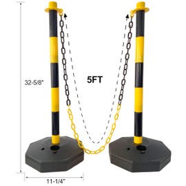 ZJMTOCYU 6 Pack Traffic Delineator Post Cones with Fillable Base and 5Ft Plastic Chain, Adjustable Safety Barrier, Yellow and Black