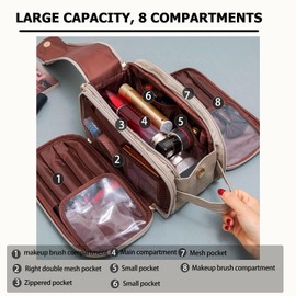 Furita Makeup Bag, Large Capacity Cosmetic Bags for Women, Portable Multifunctional Waterproof Toiletries Travel Bag with 8 Compartments and Handle (Light Brown)