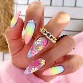 Gradient Pink Press on Nails Medium Almond Fake Nails with Colourful Flowers Artificial Matte False Nails Acrylic Full Cover Glue on Nails for Women