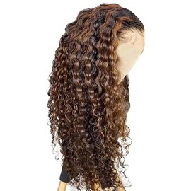 Hxxcoup Deep Wave Real Hair Wig Women's 13 x 4 Lace Wig Human Hair Wig for Woman Highlight 4/30 Brown Wig 100% Brazilian Real Hair Wigs with Baby Hair for Woman 24 Inches