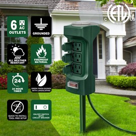 Kasonic 24 Hour Outdoor Stake Timer, 6 Outlets 6 ft Extension Cord Mechanical Power Timer for Holiday Light, Yard Garden, ETL Certified, Weatherproof Safety Cover- Green
