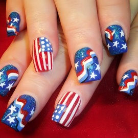 24Pcs 4th of July Press on Nails Short Square Fake Nails with Glitter Star Red Blue White Stripe Design American Flags False Nails Press ons Bling Reusable Acrylic Nails Stick on Nails for Women