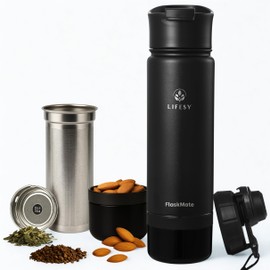 Coffee & Cold Brew Travel Bottle – 18oz Insulated Flask with French Press-Style Brewing, Hidden Storage & Dual Lids – For Hot & Cold Drinks – FLASKMATE All-in-One System (Midnight Black)