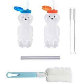 Slzhds 2 Botellas en Forma de Oso, Vasos en Forma de Oso, Vaso para Beber Jugo, con Popote y Accesorios, 230 ml, Entrenamiento de Habla/alimentación, Grado Alimenticio, sin BPA
