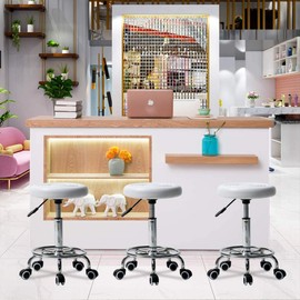 PU Leather Round Rolling Stool with Foot Rest Swivel Height Adjustment Medical Spa Drafting Salon Tattoo Work Office Massage Stools Task Chair,Seat Height:18.5”-25”/Weight Capacity:220lb (White)