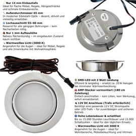 LED Recessed Spotlight Furniture 12 V 3 W - Set of 3 with Transformer, Wiring Harness & Power Plug - Plug & Play Spotlights Warm White 3000K - Diameter 65 mm, 55-60 mm Installation Hole - Flat LED