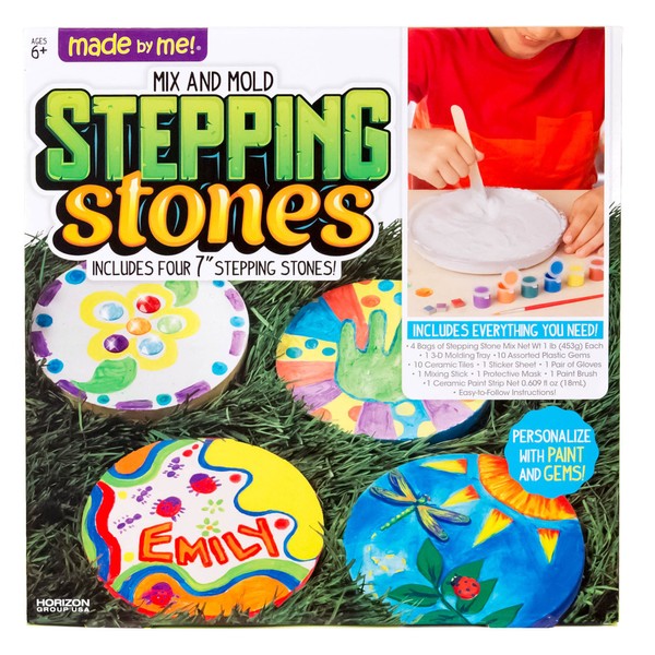Made By Me Mix & Mold Your Own Stepping Stones by Horizon Group USA, DIY Craft Kit, Decorative Gemstones, 6 Paint Pots, Paint Brush, Gloves & Sticker Sheet Included, Multicolored