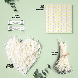 CraftBud Soy Candle Wax for Candle Making – Natural Soy Wax for Candle Making 10 lb Bag, Candle Making Wax, 10 Lbs. Soy Wax Flakes, 100 Candle Wicks, 100 Wick Stickers, and 2 Metal Centering Devices