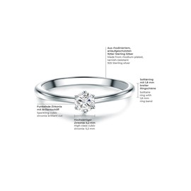 Tresor 1934 Women’s Solitaire Ring, Sterling Silver, Zirconia, White, Brilliant Cut - Engagement Ring, Wedding Ring, Silver Ring with Stone, Silver, Silver
