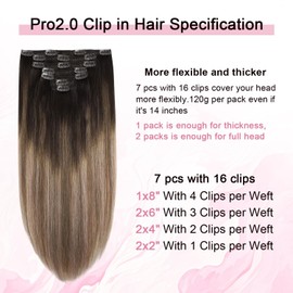 Sweetmet Pro2.0 Remy Real Human Hair Extensions Clip ins 120g Thick 7pcs #2/6/18 Dark Brown to Dirty Blonde Remy Clip in Hair Extensions Real Human Hair 16inch Double Weft（#2/6/18-16inch）