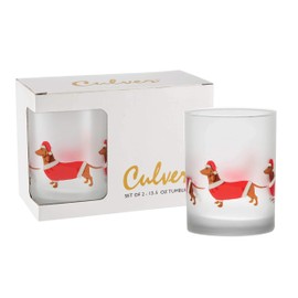 Culver Holiday Decorated Frosted Double Old Fashioned Tumbler Glasses, 13.5-Ounce, Gift Boxed Set of 2 (Santa Dachshunds Dogs)