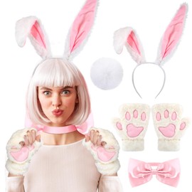 Mumucove Easter Bunny Costume Accessories Woman Set Bunny Ears Tail Gloves Bow Tie Bunny Rabbit Adult Costume(White and Pink)