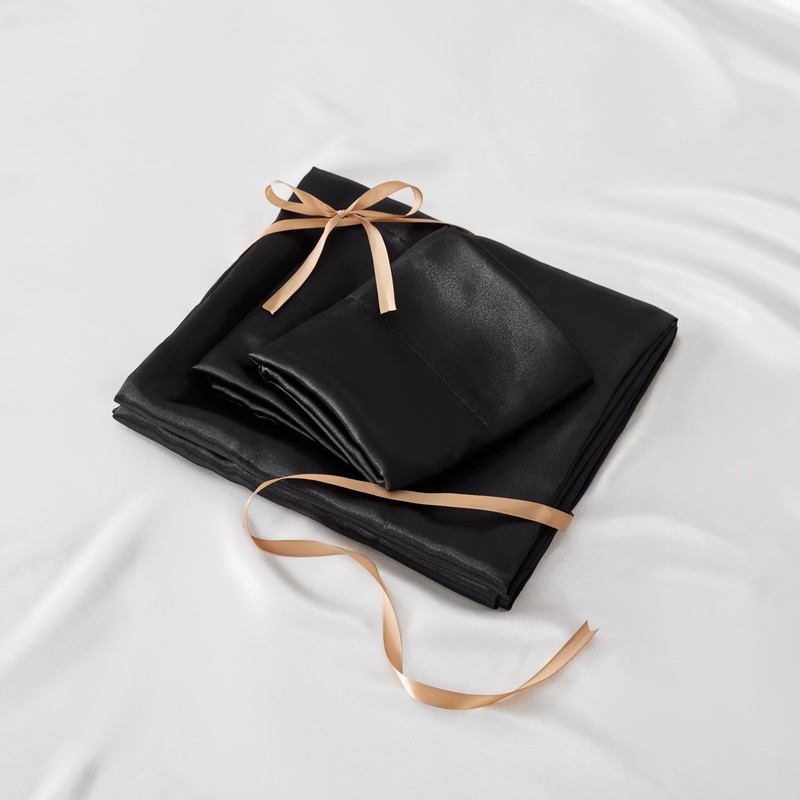 BEDELITE Satin Sheets California King Size Bed Set, Black, 4