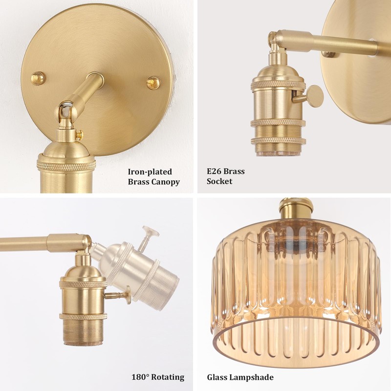 Shenmoyl Vintage Battery Operated Wall Sconce with Amber Striped Glass