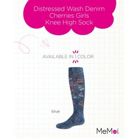 MeMoi Distressed Wash Denim Cherries Girls Knee High Sock Blue 12