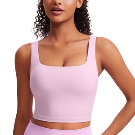 CRZ YOGA Butterluxe Womens Square Neck Longline Sports Bra - Workout Crop Tank Tops Padded Yoga Camisole with Built in Pads Vita Pink X-Large